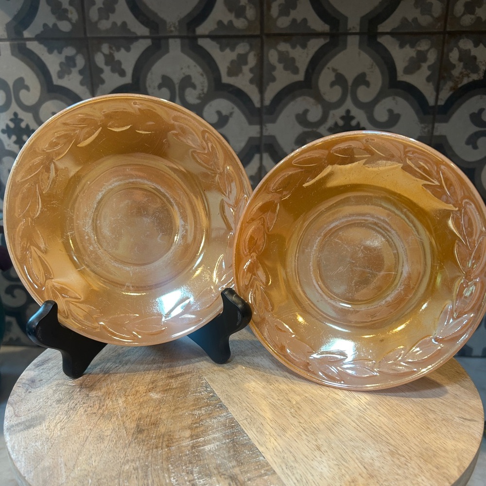 VINTAGE 1950s FIRE KING- Ovenware “Peach Lustre” Saucer, Set of Two